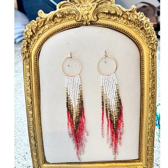 Unbranded Jewelry - Boho Beaded Fringe Hoop Earrings PINK White Gold Dangle NWOT
